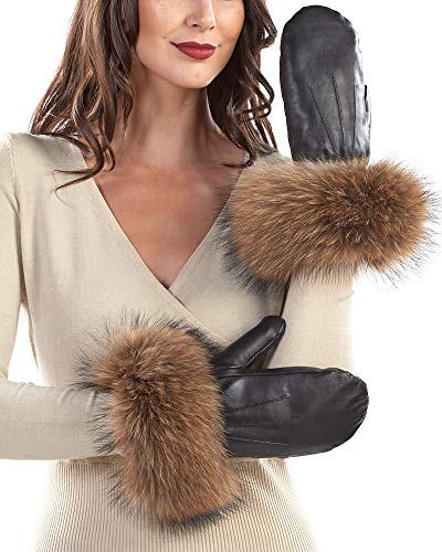 frr Black Authentic Leather Mittens with Tan Finn Raccoon Cuffs - Small/Medium