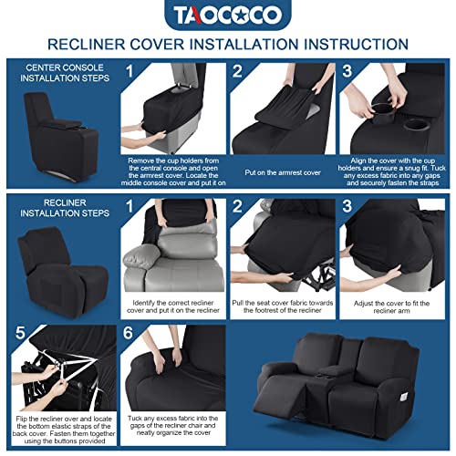 TAOCOCO Loveseat Recliner Cover with Middle Console, 4 Piece Polyester Softness Fabric Stretch Loveseat Reclining Sofa Slipcovers(Black, 2 Seat Recliner Cover with Console) by TAOCOCO - Used condition - Image 4
