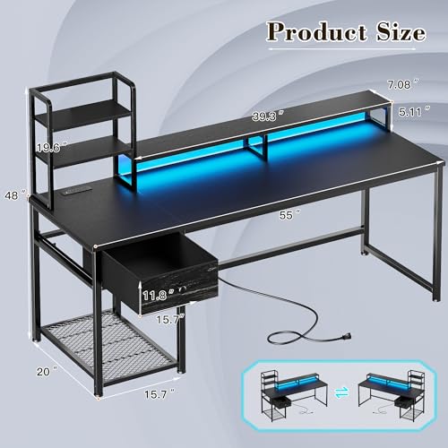 Image of EnHomee 55 Inch Gaming Desk with Hutch and Drawers,Reversible Computer Desk with Monitor Shelf,Home Office Desks with USB Power Outlets and Storage,Pc Work Desk for Office with LED Lights,Black