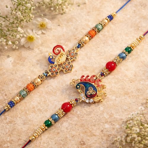 Image of Riddhika Ventures Ravishing Gold Plated Meenakari Peacock and Krishna Rakhi Bracelet (Set of 2) with Roli Chawal and Greeting Card || Raksha Bandhan Traditional Festive Gift (Rakhi With Keychain K6K8K)