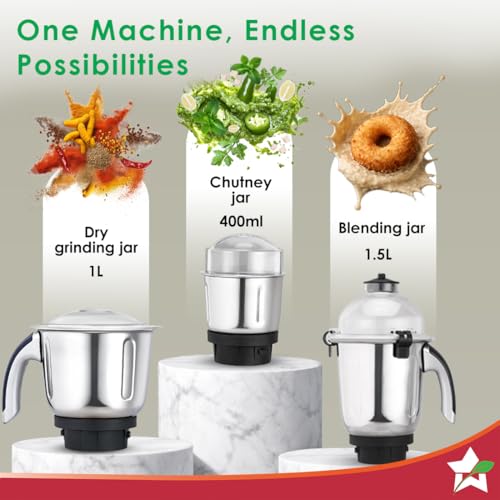 Image of Wonderchef Cube 1000W Mixer Grinder, 3 Jars with Flow Breakers, Special Coarse Blade for Silbatta-style Khada Masala Grinding, Ideal for Grinding, Blending Chutney, Idli /Dosa Batter, 2-Yr Warranty