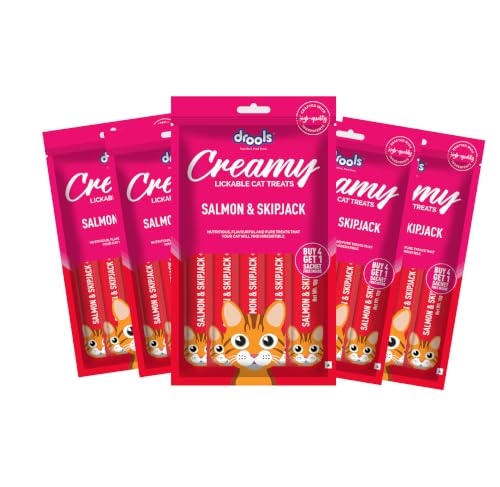 Drools Creamy Lickable Cat Treats (75g x 5 Pouches) Total 375g | Salmon & Skipjack | Easy to Hand Feed | Enriched with Vitamins
