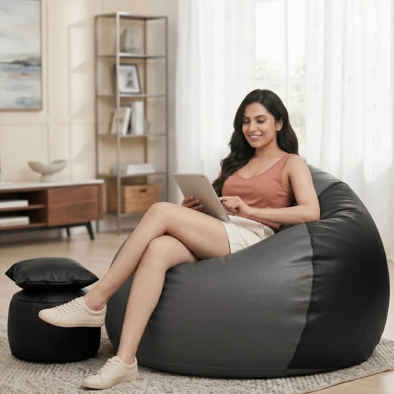 Image of Biggie Bean Bag 5XL Bean Bag Chair with Beans Filled - The Classics Bean Bag Sofa - Combo Set-Styled for Elegance with Free Cushion & Footrest (Matching Color : Xufix Dark-Grey-Black)