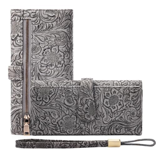 Image of Wristlet Wallet for Women Leather Clutch Purse Trifold Card Holder RFID Blocking Large Capacity Grey
