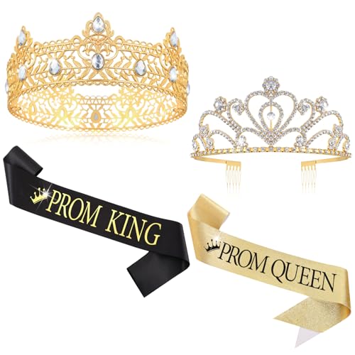 Lyrow 4 Pcs Prom King and Queen Crown Set Prom King Crown with Sash for Graduation Queen Tiara with Sash for Grad Couple Accessories Homecoming Birthday Party(Cute Black Gold)