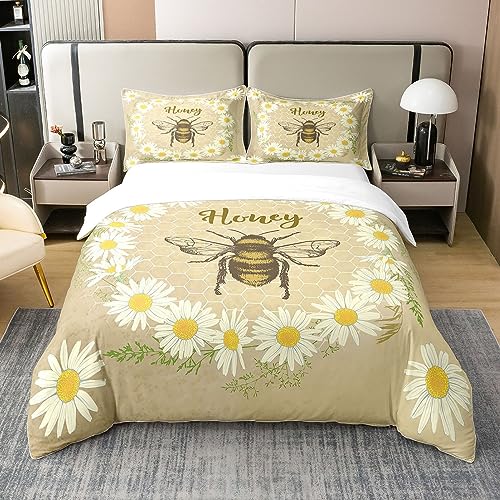 100% Cotton Kawaii Honey Bee Bedding Set Queen, Cute Geometric Honeycomb Duvet Cover, Farm Rustic Daisy Floral Comforter Cover for Kids Girls Teen, Soft Breathable Quilt Cover with 2 Pillow Cases