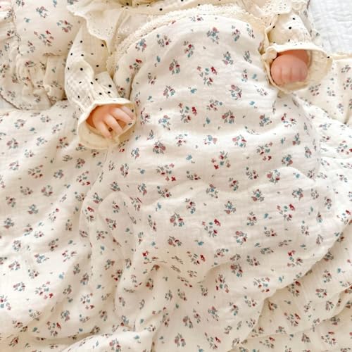 Image of BuLuTu Elegant Floral Muslin Quilt Blankets for Kids Boys Girls Toddler Bed Blanket with Lacey Edges Soft Lightweight Toddler Comforter Crib Quilt for All Seasons, 47x59 Inches