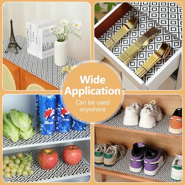 Drawer Shelf Liner Non Adhesive, Slip Resistant Easy to Clean Protect Kitchen Mats Thickened Strong Grip for Cabinet, Pantry, Tool Box, Cupboard, Dresser, Bathroom (Black and White, 12 in x 10 FT)