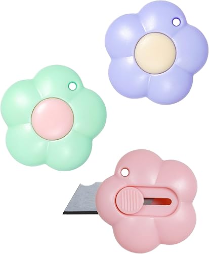 Miniatura 3 de Fengek 18 cuchillos retráctiles utilitarios con diseño de nube y flores, cortadores de caja de plástico para abrecartas con agujero para llavero