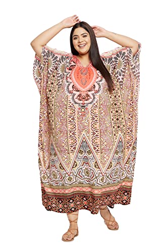 Image of Women Long Maxi Plus Size Polyester Kaftan Gown, Womens Kaftan Dresses | Lounge Resort Wear, Batwing Sleeve Side Slit, Beach Cover Up, House Dress, Lightweight V Neck Loose Fit Boho Dress