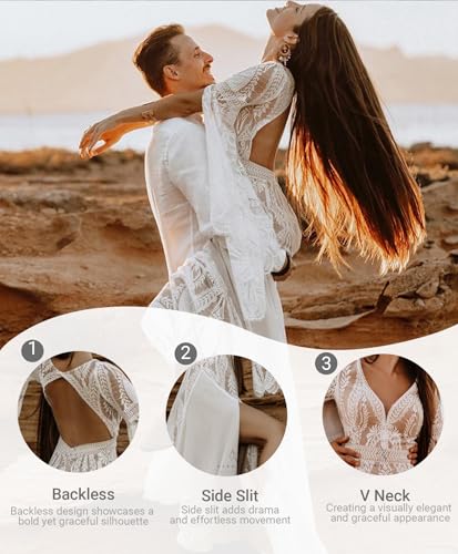 Women Simple Lace Wedding Dress V Neck Long Bell Sleeves A-Line Slit Bohemian Casual Bridal Gowns for Bride,Off White,US02