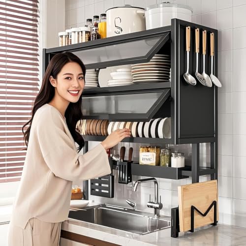 Image of YAGVIZ 3-Tier Over-The-Sink Dish Drying Rack with Dustproof Flip Cover Door | Multifunctional Adjustable Metal Kitchen Countertop Organizer | Over Sink Dish Drying Rack