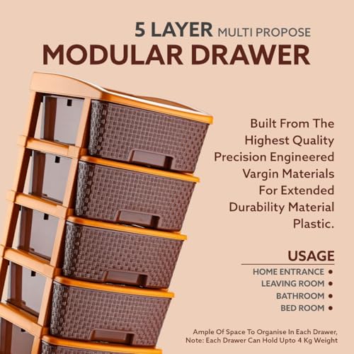 Image of TEKCOOL Plastic Drawer Organizer Self Standard Rectangular Multi Purpose Modular Drawer System Large Chest of Drawer Organizer for Home Office,Product Dimension When assembeled (5XL, Coffee);'