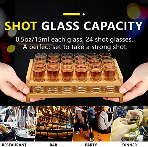 SuproBarware Shot Glasses Set 0.5 oz/15ml Cocktail Holder and Shot Glass Mini 24 pcs Drinks Serving Board Organizer with Clear Crystal Glass for Liquor Shots Whisky Brandy Vodka Rum Home Party Bar