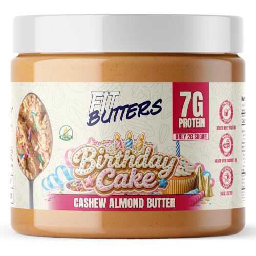 Fit Butters Birthday Cake Cashew Almond Butter Spread - Added Protein and Coconut Oil, Low Carb, Low Sugar, Gluten Free, Complete Protein Dessert Flavored Nut Butter