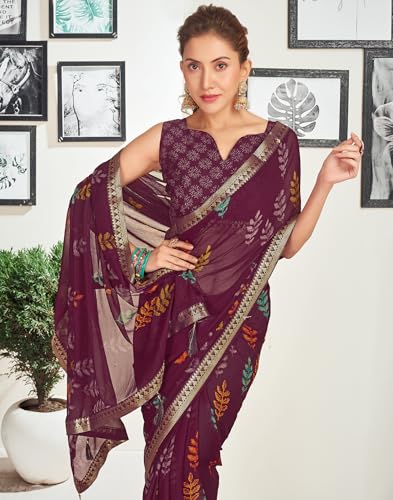 Image of SIRIL Women's Chiffon Printed Saree With Unstitched Blouse Piece
