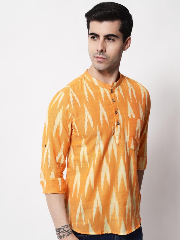 Image of Vastraa Fusion Men's Handloom Weaving Pure Cotton Short Kurta, Round Collar, Full Sleeves,Button Kurta, Ethnic Wear