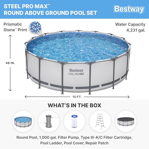 Bestway Steel Pro MAX 15 Foot by 48 Inches Round Above Ground Family Swimming Pool Set Outdoor Steel Frame with Filter, Pump, Ladder, and Cover, Gray