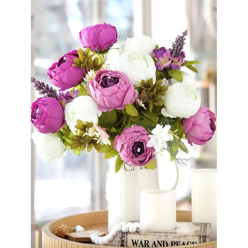Image of FiveSeasonStuff Vintage Artificial Peonies Silk Peony Flowers and Hydrangeas for Wedding Bridal Home Decor - Beautiful Floral Centerpiece Arrangement with 2 Bouquets (Bloom Purple and White Mix)