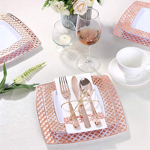 I00000 175 Piece Rose Gold Disposable Dinnerware Set For Party-50 Square Rose Gold Plastic Plates Disposable-25 Rose Gold Plastic Silverware-25 Rose Gold Plastic Cups-25 Rose Gold Napkins For Wedding #TOP1