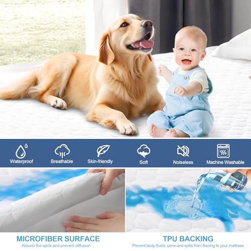 King Quilted Fitted Waterproof Mattress Protector, Noiseless Mattress Cover with 6"-18" Deep Pocket, Breathable and Soft Waterproof Mattress Pad Mattress Topper