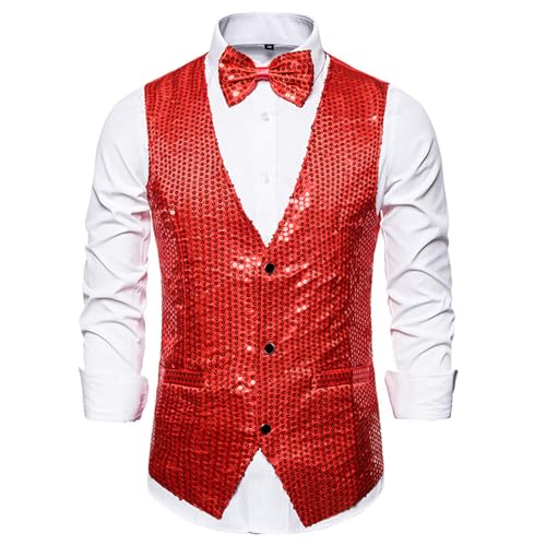 Men's Sequin Suit Vest with Bowtie Formal V-neck Slim Fit Shiny Waistcoat Prom Party Tuxedo Vests3