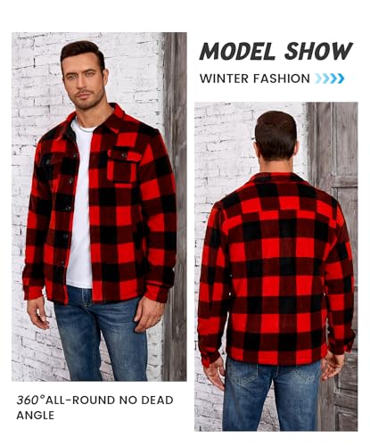 Puhope Herren Polarfleece-Hemdjacke mit Sherpa-Futter, dicke Button-Down-Jacke mit mehreren Taschen, Rot/Schwarz, 3XL