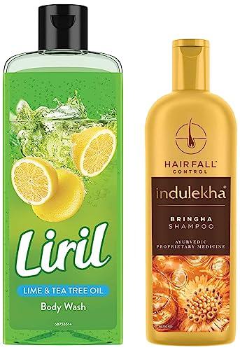 Indulekha Bringha Anti Hair Fall Shampoo, 200ml And Liril Lemon and Tea Tree Oil Body Wash, 250 ml