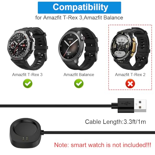 Image of ZORBES Replacement Charger Compatible with Amazfit T-Rex 3 Watch Fast Charger Adapter USB Cable, Replacement Charging Cable Cord for Amazfit T-Rex 3, Balance 2 /1, Smart Watch (3.3ft /1m)
