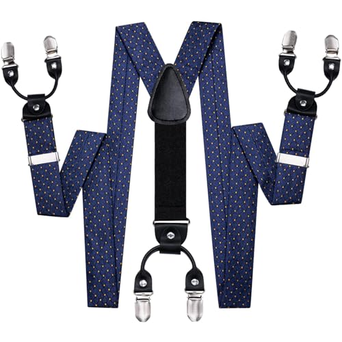 Image of Hi-Tie Men's Suspenders and Tie Set Silk Adjustable Elastic Y Braces with Strong 6 Clips Pocket Square Set
