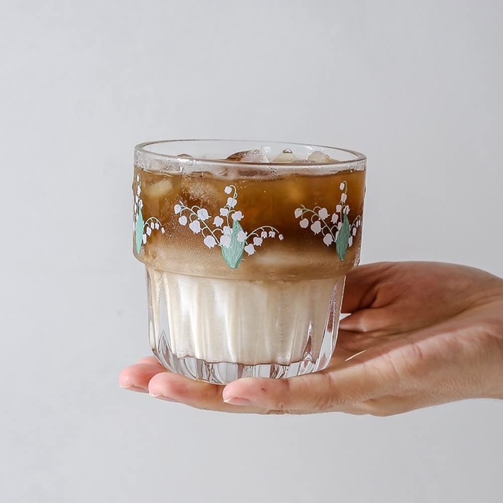Set of 2 Floral Drinking Glasses Flower Glass Coffee Cups Cute Lily of the Valley Glass Cups for Juice,Iced Coffee,Milk,Tea,Dessert,Latte,Stackable Flower Glassware Drinkware Set(green) - Image 6