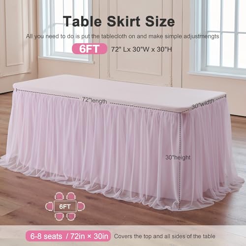 familus 6ft Pink Table Cloths for Rectangle Tables, 2-in-1 Spandex Fitted Tulle Table Skirt, Rectangular Ruffle Tutu Tablecloth for Craft Fairs, Banquets & Trade Show Display