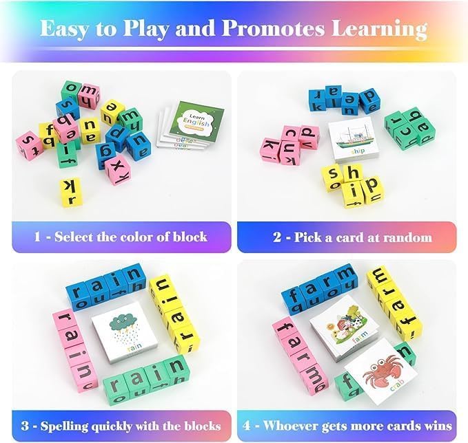 Image of Wooden Alphabet Spelling Game Montessori Learning Toy for Kids Educational Game for Word Building, Spelling & Early Aducation Toy 3+ Years 20 Letter Cubes 64 Flashcards 1 Bell