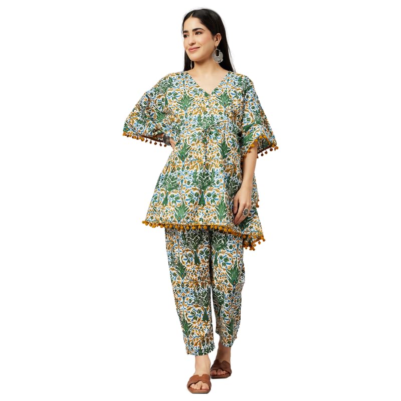 aaheli Women's Cotton V-Neck Printed Comfortable Short Kaftan Top with Pant-picture-10