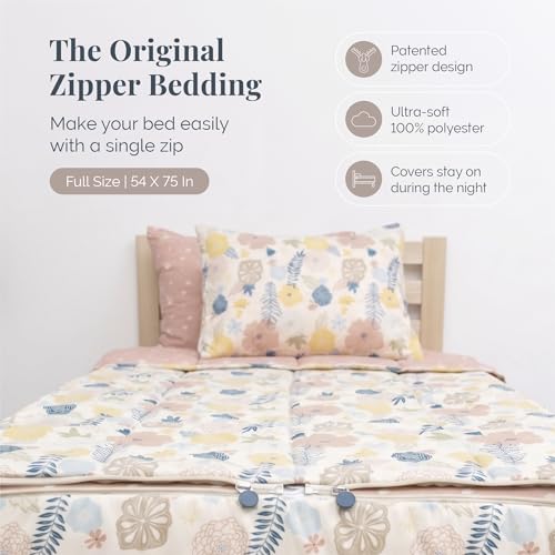 Image of Beddy's Flower Blossoms Durable Zipper Bedding for Kids - Bed in a Bag - Pink Floral Sheets and Comforter - Includes 2 Pillowcases & 2 Shams - Easy to Make & Wash - Full