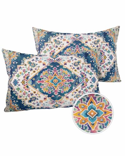 Navy Blue Boho Outdoor Pillow Cover 12x20 Inch Cushion Sham Case,Waterproof Decorative Lumbar Throw Pillowcase for Outside Garden Patio Couch Chair Tent Orange Ethnic Tribal Bohemian Mandala Floral