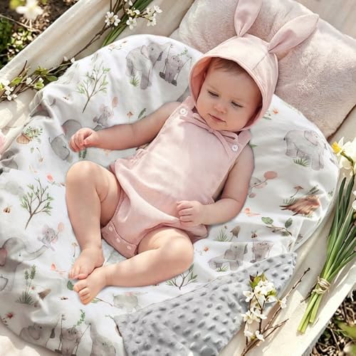 Image of BOPRIO Baby Blankets for Unisex Boys Girls, Super Soft Nursery Minky Blankets with Baby Elephant Design and Dotted Fleece Backing, Printed Bed Throws Newborn