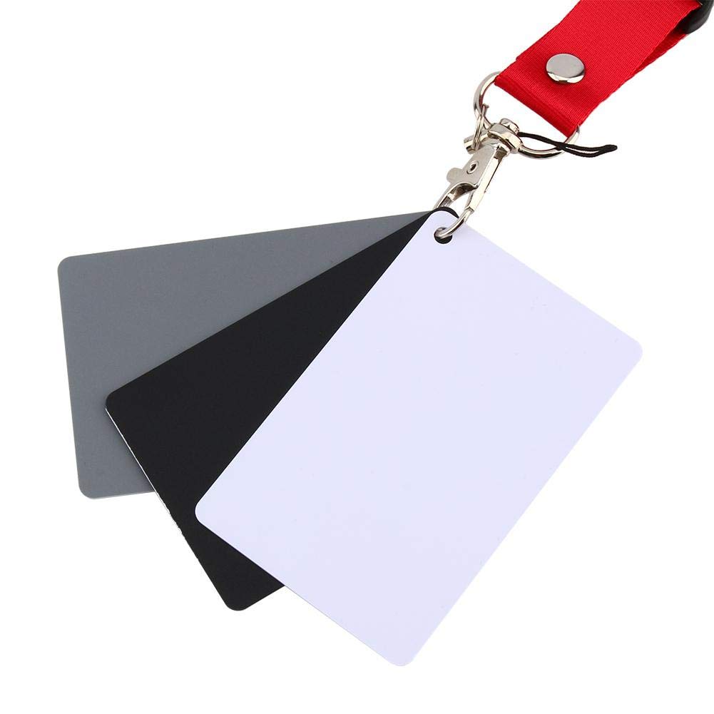 Karta balansu bieli 3 w 1 18%, karta biało-szara do ręcznego pomiaru balansu bieli i ekspozycji ze sznurkiem do przenoszenia szary/biały/czarny (8,5 x 5,4 cm)