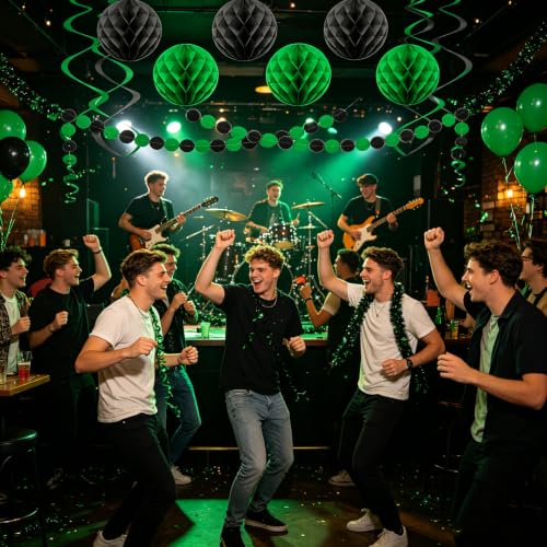 Image of Black Green Birthday Decorations, Happy Birthday Banner with Honeycomb Balls, Circle Dot Garland and Hanging Swirl Decorations for Women Men Boys Girls (Green Black)