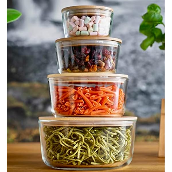 ECOBUNA® Recipientes de cristal con tapas de bambú [juego de 4] – Juego de cuencos premium – Cuencos de cristal con tapa – Juego de tarros de cristal – apilables – sin BPA – sin plástico