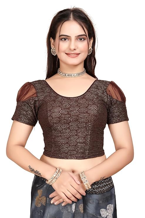 Image of SFT Women's Organza Patch Readymade Saree Blouse with Round Neck Half Sleeves Abstract Pattern Pull On Closure Regular Fit and Standard Length