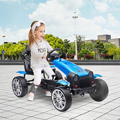 HOMFY Pedal Go Kart Children Ride on Racing Car Toys Adjustable Seat, Handbrake and Shift Lever - Blue Sale