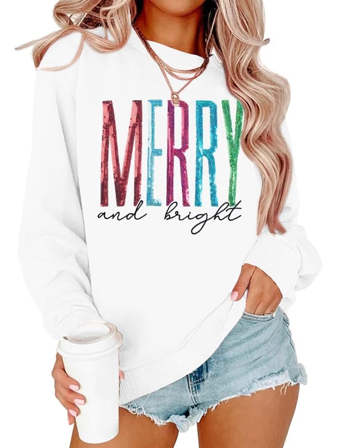 Merry and Bright Sweatshirt Women Merry Christmas Letter Print Long Sleeve Sweater Xmas Crewneck Pullover Casual Blouse Tops