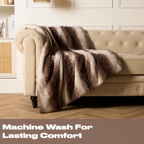OHS Faux Fur Throw Blanket, Fluffy Striped Fleece Blankets for Beds Sofa Couch Winter Warm Blanket for Living Room Bedroom Super Soft Throw Over - Brown, 125 x 150cm - Cosy Home Interiors OHS Faux Fur Throw Blanket, Fluffy Striped Fleece Blankets for Beds Sofa Couch Winter Warm Blanket for Living Room Bedroom Super Soft Throw Over - Brown, 125 x 150cm - Image 2