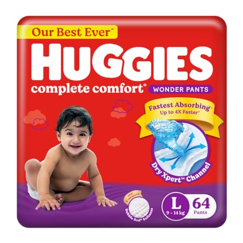Huggies Complete Comfort Wonder Pants Large (L) Size (9-14 Kgs) Baby Diaper Pants, 64 count| India’s Fastest Absorbing Diaper with upto 4x faster absorption | Unique Dry Xpert Channel