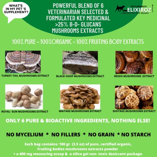 Image of Mushroom Complex for Dogs & Cats - 25%+ Beta Glucans - Fruiting Body Extract Blend (Turkey Tail, Reishi, Maitake, Shiitake) - Immune & Gut Support - No Mycelium, No Fillers - 250 Servings
