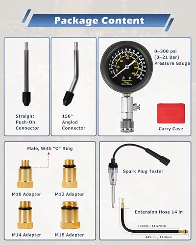 Image of DAYUAN 9Pcs Professional Petrol Engine Compression Tester Kit Set | Spark Plug Ignition Tester, Dual Scale Gauge, 0-300 PSI /0-20 Bar, Reinforced Rubber Hose, Universal for Cars Motorcycles