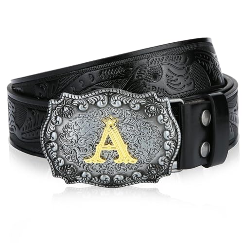 Image of Mens Western Cowboy Cowgirl Faux Leather Belt Longhorn Bull Pattern Letter Big Buckle Embossed Floral Belts