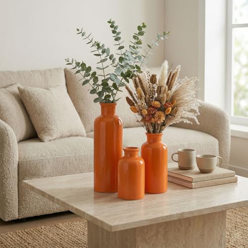 Image of Ceramic Vase Set - 3 Orange Small Vases, Farmhouse Country Flower Vase Home Decor, Living Room Decoration, Table Decoration, Fireplace Decor, and Entrance Decorations Centerpieces