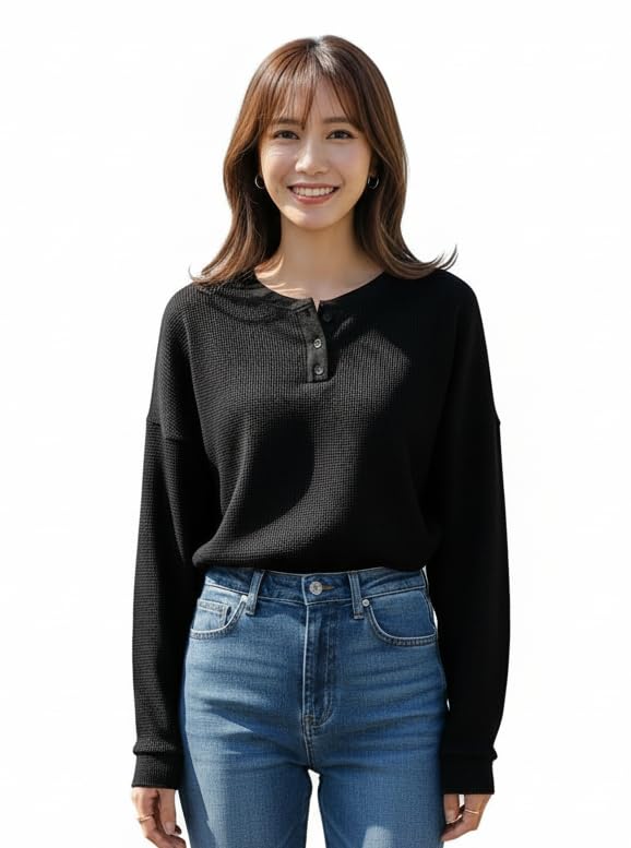 Image of Zilcon Full Sleeve Waffle (Wool) Oversized Tshirt for Women, Button Down Neck Longline Drop Shoulder Sweatshirt for Women